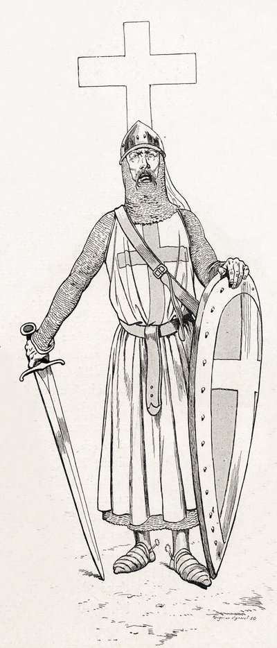 Rycerz Ludwika IX znany jako Saint Louis (1214-1270) w stroju krucjatowym. Ilustracja Joba (Jacques Marie Gaston Onfray i Breville) (Jacques-Marie) (1858-1931) do książki „Les grands mots historique du pays de France”” 1915. Kolekcja Privee. autorstwa pseudonym for Onfray de Breville Jacques Job