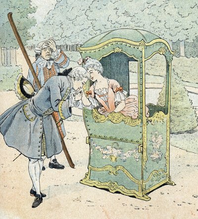 Dama szlachecka w XVIII wieku na krześle z tragarzami przyjmującymi pocałunek w rękę autorstwa pseudonym for Onfray de Breville Jacques Job