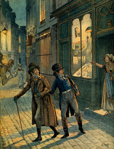 Louis Antoine Fauvelet de Bourrienne (1769-1834) i Napoleon I Bonaparte (1769-1821) na ulicach Paryża incognito. Ilustracja Jacques Marie Gaston Onfray de Breville dit JOB (1858-1931). Prywatna kolekcja autorstwa pseudonym for Onfray de Breville Jacques Job