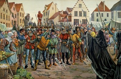Maria Burgundzka (1457-1482), księżna Burgundii zażądała ułaskawienia dla swoich doradców w 1477 roku. Ilustracja Jacques Marie Gaston Onfray de Breville dit JOB (1858-1931) w „” Ludwik XI””” autorstwa pseudonym for Onfray de Breville Jacques Job
