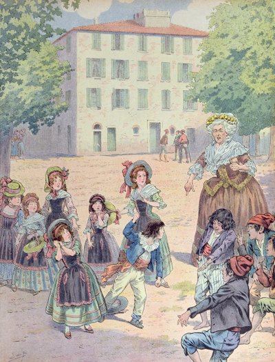 Napoleon Bonaparte (1769-1821) jako dziecko w sporze z towarzyszami przed swoim domem w Ajaccio na Korsyce, ok. 1910 (kolor lito) autorstwa pseudonym for Onfray de Breville Jacques Job