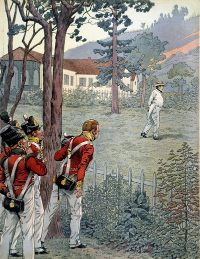 Napoleon I Bonaparte (1769-1821) pod zdumionym spojrzeniem armii brytyjskiej w niewoli na wyspie Świętej Heleny (Sainte-Helene) autorstwa pseudonym for Onfray de Breville Jacques Job