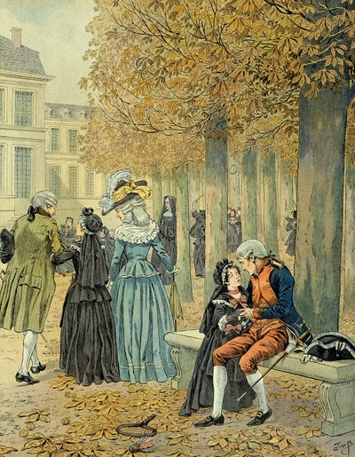 Napoleon I Bonaparte (1769-1821) odwiedził swoją siostrę Elisę Bonaparte (1777-1820) w królewskim domu Saint Cyr (Saint-Cyr). Ilustracja Jacques Marie Gaston Onfray de Breville dit JOB (1858-1931) autorstwa pseudonym for Onfray de Breville Jacques Job