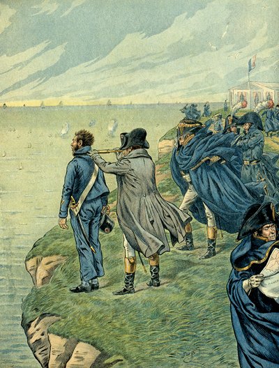 Napoleon I Bonaparte (1769-1821) odwiedził arsenał obozu Boulogne w lipcu 1804 r. Ilustracja Jacques Marie Gaston Onfray de Breville dit JOB (1858-1931). Prywatna kolekcja autorstwa pseudonym for Onfray de Breville Jacques Job