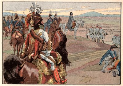 Napoleon I Bonaparte (1769-1821) z Joachimem Muratem (1767-1815) podczas kapitulacji Ulm w 1805 roku. Grawer Jacques Marie Gaston Onfray de Breville dit Job (1858-1931) autorstwa pseudonym for Onfray de Breville Jacques Job