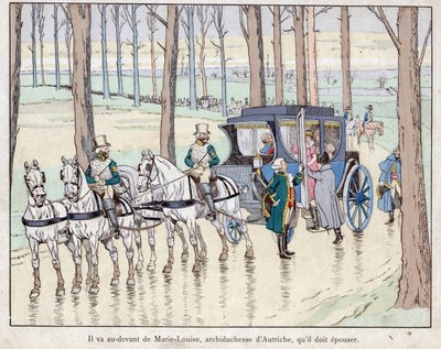 Spotkanie Napoleona z arcyksiężną Marie-Louise Austrii - 1810 - litografia autorstwa Joba (Jacques Onfroy de Breville) z „”Le Grand Napoleon des Petites Enfants””” 1893 autorstwa pseudonym for Onfray de Breville Jacques Job