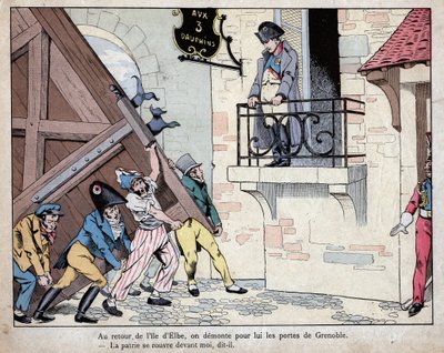 Napoleon zbierający swoich żołnierzy do Grenoble po powrocie z wyspy Elba - Miasto Grenoble otwiera swoje bramy dla Napoleona po powrocie z wygnania na Elbie, 7 marca 1815 - litografia Joba (Jacques Onfroy de Breville) z „” Le Grand Napoleon des Petit autorstwa pseudonym for Onfray de Breville Jacques Job