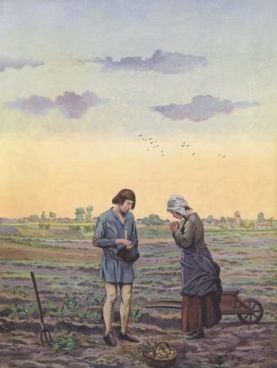 Chłopi przerywają pracę w polu na modlitwy na polecenie króla (kolor lito) autorstwa pseudonym for Onfray de Breville Jacques Job