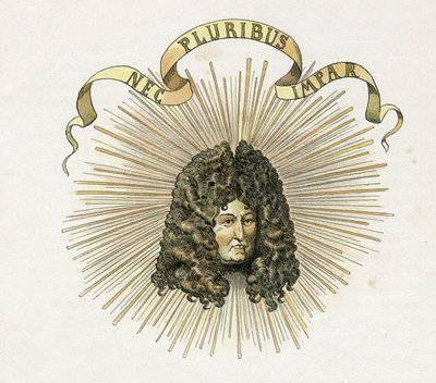 Portret króla Ludwika XIV (1638-1715) z jego dewizą po łacinie „Nec pluribus impar” (żadnego innego podobnego). w „”Francja, jego historia opowiedziana przez G. Montorgueila, imagee by Job”” 1896. Zbiory prywatne. autorstwa pseudonym for Onfray de Breville Jacques Job