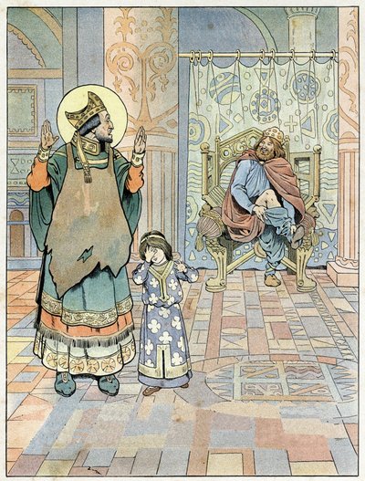 Saint Eloi (v.588-659) wskazuje królowi Francji Dagobertowi I (602 lub 605-638 lub 639), że jego spodnie były odwrócone do góry nogami (majtki do góry nogami). w „Francja, jego historia opowiedziana przez G. Montorgueila, imagee by Job” 1896. Zbiory prywat autorstwa pseudonym for Onfray de Breville Jacques Job