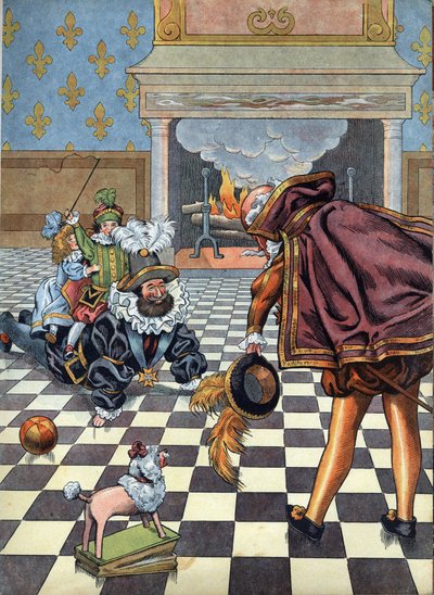 Scena z historii Francji w zabawkach: Król Francji Henryk IV (1553-1610) bawiący się z dziećmi przed ambasadorem Hiszpanii. W „” Joujoux a l