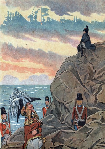 Scena historii Francji w zabawkach: Napoleon I Bonaparte (1769-1821) na wygnaniu na wyspie Świętej Heleny (Sainte-Helene) przedstawiony w postawie melancholii i samotności. W „” Joujoux a l