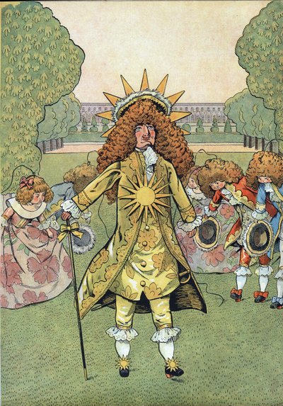Scena z historii Francji w zabawkach: Portret króla Francji Ludwik XIV (1638-1715) odmówił Króla Słońce w ogrodach Wersalu, budząc cześć swoim dworem. W „” Joujoux a l