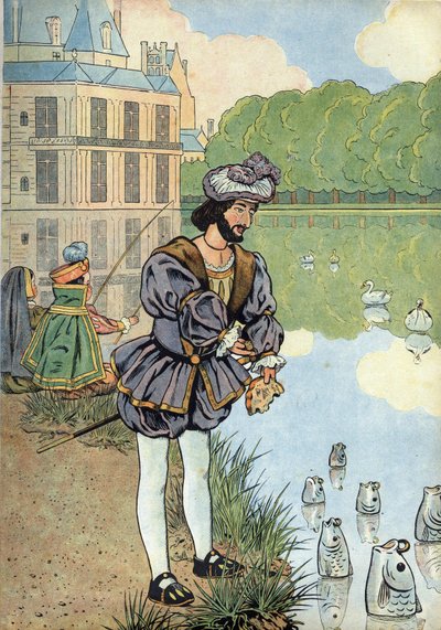 Scena historii Francji w zabawkach: król Francji Franciszek I (1494-1547) daje chleb rybom z parku Fontainebleau. W „” Joujoux a l