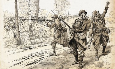 Zastrzel ich! Francuscy żołnierze wojny 1914-1918 wysłani na patrol, aby rozpoznać siłę i dokładną lokalizację wroga. Po odnalezieniu wojsk niemieckich wydali rozkaz strzelania, nie martwiąc się, że zostaną złapani między pożarami. Ilustracja Hioba (J autorstwa pseudonym for Onfray de Breville Jacques Job