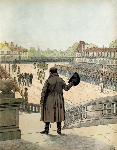 Pożegnanie Napoleona I Bonapartego (1769-1821) na dziedzińcu Cheval Blanc w Fontainebleau 20 kwietnia autorstwa pseudonym for Onfray de Breville Jacques Job