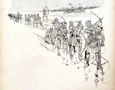 Deszcz wyłącza łuczników z armii francuskiego króla Filipa VI dit Philippe de Valois (1293-1350) z pola bitwy, mocząc liny łuków podczas bitwy pod Crecy w 1346 roku na początku wojny stuletniej. Ilustracja Hioba (Jacques autorstwa pseudonym for Onfray de Breville Jacques Job