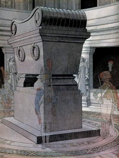 Grób cesarza Napoleona I Bonaparte (1769-1821) u Inwalidów ze strażnikami duchów. W „”Napoleonie”” Georgesa Montorgueila. Ilustracja Jacques Marie Gaston Onfray de Breville dit JOB (1858-1931) autorstwa pseudonym for Onfray de Breville Jacques Job