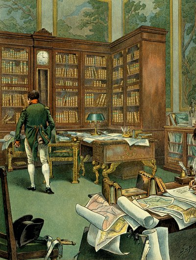 Gabinet roboczy Napoleona I Bonaparte (1769-1821) na pierwszym piętrze Palais des Tuileries, gdy był pierwszym konsulem. Biurko z biblioteką i zegarem zabudowanym w drewnie. Ilustracja Jacques Marie Gaston Onfray de Breville dit JOB (1858-1931). Prywatne C autorstwa pseudonym for Onfray de Breville Jacques Job