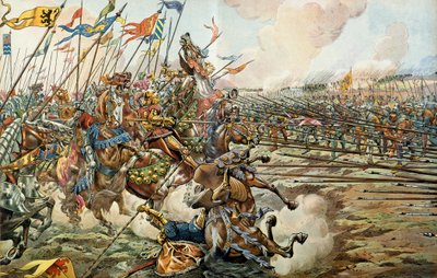 Bitwa pod wnukiem między Burgundami a Szwajcarami pod Grandson, Szwajcaria, 2 marca 1476 r. Ilustracja Jacques Marie Gaston Onfray de Breville dit JOB autorstwa pseudonym for Onfray de Breville Job