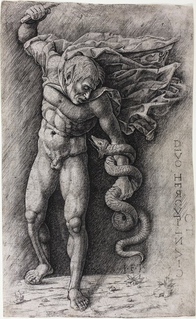 Faun atakujący węża autorstwa school of Andrea Mantegna