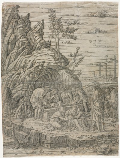 Złożenie do grobu z czterema ptakami autorstwa school of Andrea Mantegna