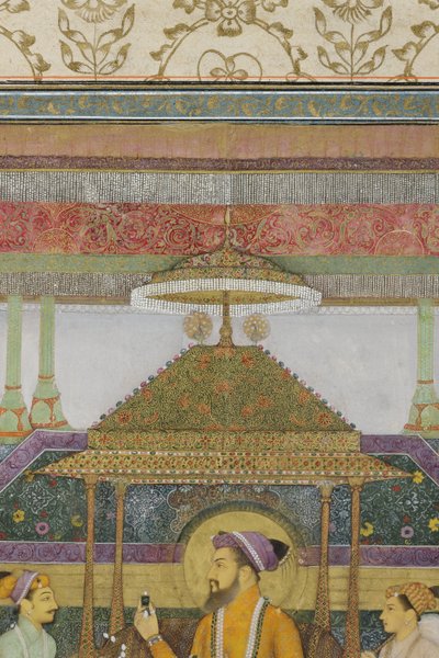 Fragment obrazu Cesarza Szachdżahana na pawim tronie, 1640 (nieprzezroczysta toaleta i złoto na papierze) autorstwa son of Aqa Riza Abid