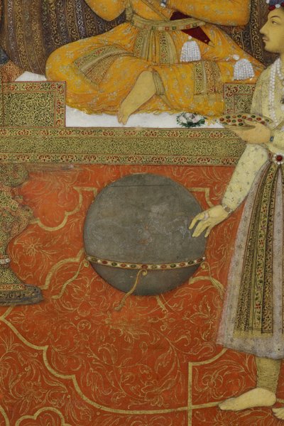 Fragment obrazu Cesarza Szachdżahana na pawim tronie, 1640 (nieprzezroczysta toaleta i złoto na papierze) autorstwa son of Aqa Riza Abid
