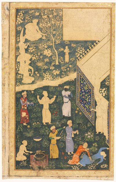 Lewa strona dwustronicowego folio albumu: Na zewnątrz Królewskiego Obozowiska (recto) autorstwa style of Bihzad