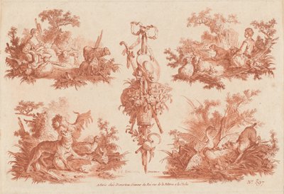 Dwie winiety pasterskie, dwie winiety myśliwskie i trofeum autorstwa the Elder and Jean Baptiste Hüet Gilles Demarteau