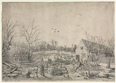 Wielka powódź z 10 stycznia 1624 lub naprawa zerwanej grobli na rzece Lek przez Vianena, 1624. autorstwa van de Velde Esaias
