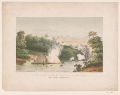 Z.M. Steamship Celebes w walce z kotta-marą. Poeloe Kanamit, 6 sierpnia 1859 (tytuł na obiekcie) autorstwa weduwe Elias Spanier and Zn