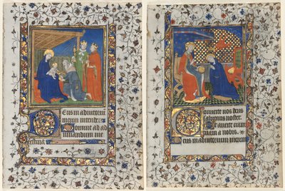 Bifolio z Księgi Godzin: Adoracja Trzech Króli i Koronacja Dziewicy autorstwa workshop of Boucicaut Master