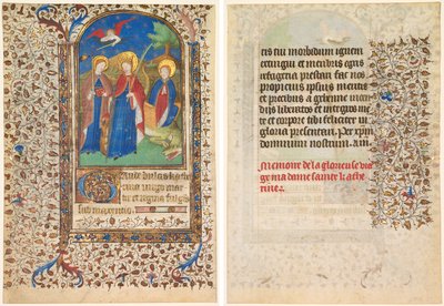 Kartka z Księgi Godzin: św. Geneviève, Katarzyna Aleksandryjska i Małgorzata (recto) i tekst (verso) autorstwa workshop of Boucicaut Master