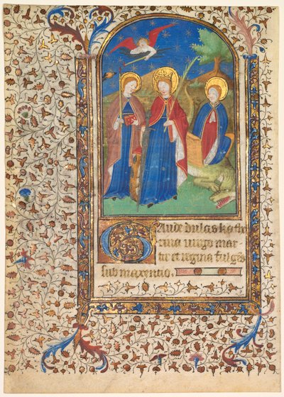 Kartka z Księgi Godzin: św. Geneviève, Katarzyna Aleksandryjska i Małgorzata (recto) autorstwa workshop of Boucicaut Master