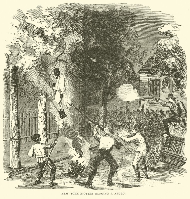 Nowojorscy uczestnicy zamieszek wieszają czarnoskórego, lipiec 1863 (rycina) autorstwa (after) American School