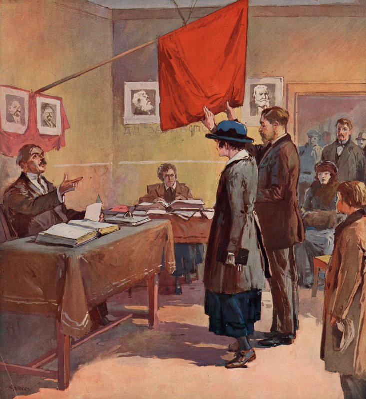 Ślub cywilny dokonany przez komisarza prowincjonalnego w Rosji Sowieckiej pod egidą Czerwonej Sztandaru (kolor lito) autorstwa (after) Carrey
