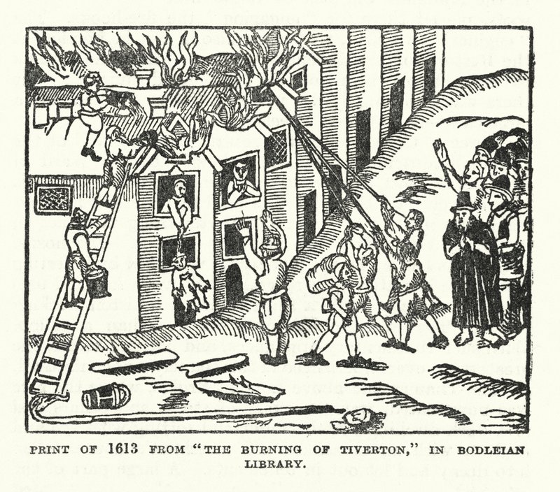 Odbitka z 1613 r. przedstawiająca "Spalenie Tiverton" w Bodleian Library (litografia) autorstwa (after) English School