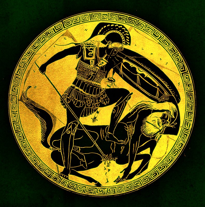 Wojownik i centaur, ilustracja z „Greek Vase Paintings” autorstwa JE Harrisona i DS MacColla, opublikowana w 1894 r. (obraz ulepszony cyfrowo) autorstwa (after) English School