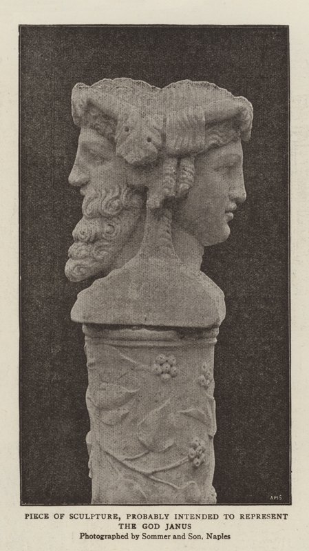 Fragment rzeźby, prawdopodobnie mający przedstawiać boga Janusa (zdjęcie czarno-białe) autorstwa (after) English photographer