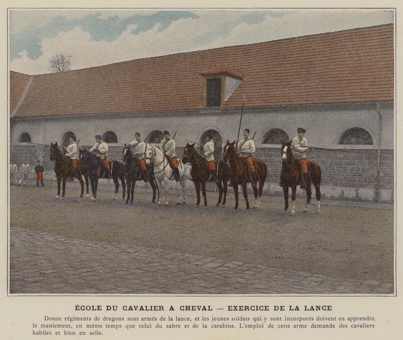 Szkoła jeźdźca na koniu, ćwiczenie z włócznią (zdjęcie kolorowe) autorstwa (after) French Photographer
