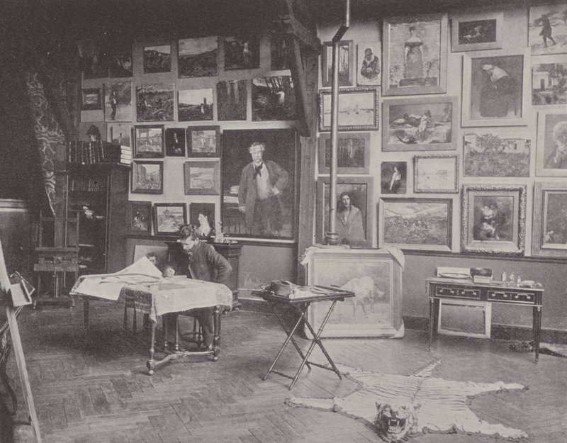 Francuski malarz Alfred Philippe Roll w swoim studio (zdjęcie czarno-białe) autorstwa (after) French Photographer