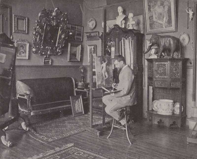 Francuski malarz Henri Gervex w swoim studio (zdjęcie czarno-białe) autorstwa (after) French Photographer