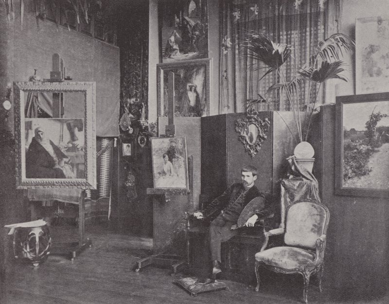 Francuski malarz Pascal Dagnan-Bouveret w swoim studio (zdjęcie czarno-białe) autorstwa (after) French Photographer