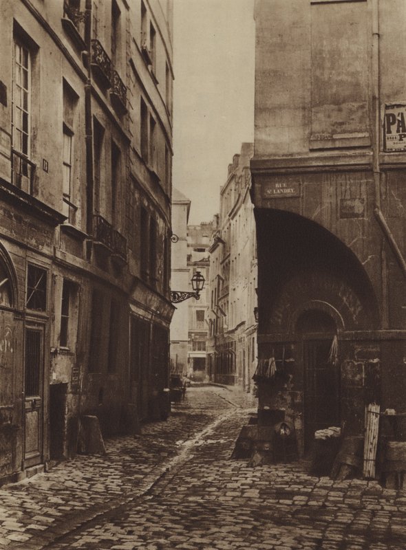 Rue des Marmousets w 1864 roku, zaczerpnięta z rue Saint-Landry, znajdowała się w miejscu nowego Hotel-Dieu (zdjęcie czarno-białe) autorstwa (after) French Photographer