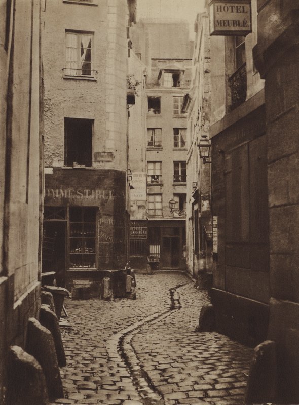 Rue des Trois-Cannettes w 1865 roku była miejscem nowego Hotel-Dieu (zdjęcie czarno-białe) autorstwa (after) French Photographer