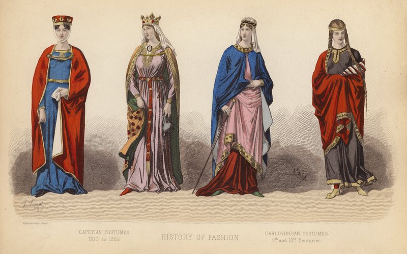 Moda we Francji: Stroje kapetyńskie 1100-1364; Stroje karolińskie IX i X wiek (kolorowa rycina) autorstwa (after) French School
