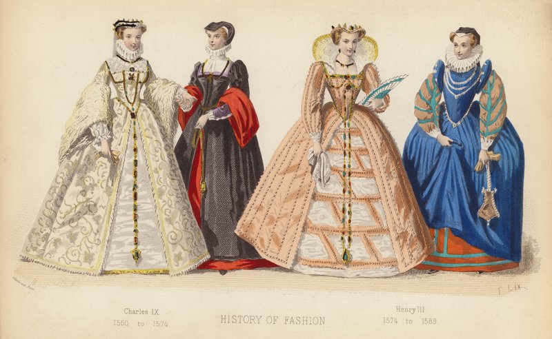 Moda we Francji: Karol IX 1560-1574; Henryk III 1574-1589 (kolorowana rycina) autorstwa (after) French School