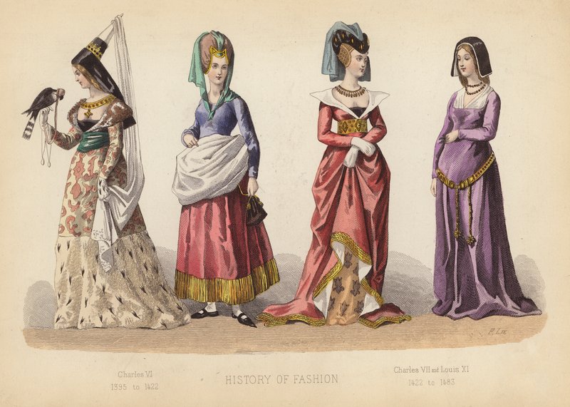 Moda we Francji: Karol VI 1395-1422; Karol VII i Ludwik XI 1422-1483 (kolorowana rycina) autorstwa (after) French School