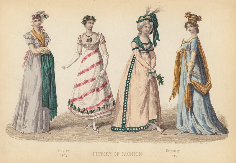 Moda we Francji: Imperium 1804; Katalog 1795 (kolorowa rycina) autorstwa (after) French School